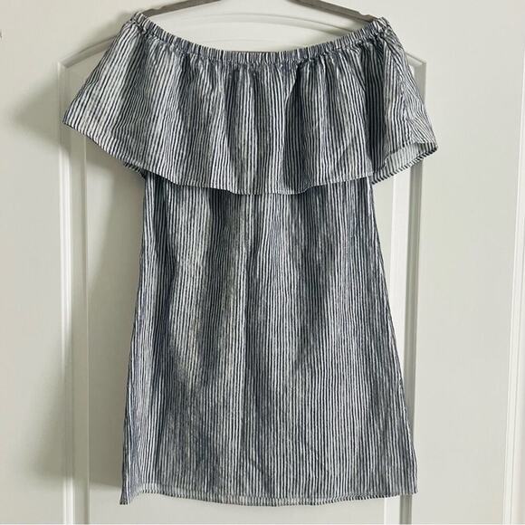 J. Crew Blue and White Cotton Off the Shoulder Ruffles Short Mini Dress- Size S - Picture 3 of 8
